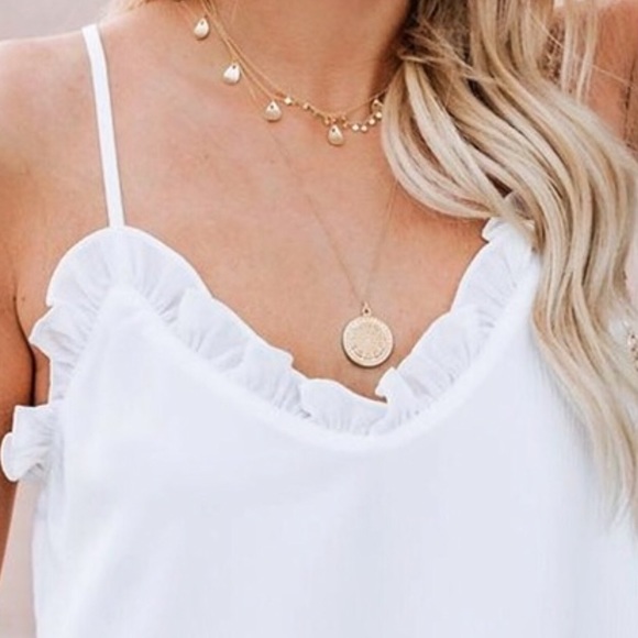 Ruffle Neckline Ribbed Chiffon Camisole Top, White - Picture 6 of 7